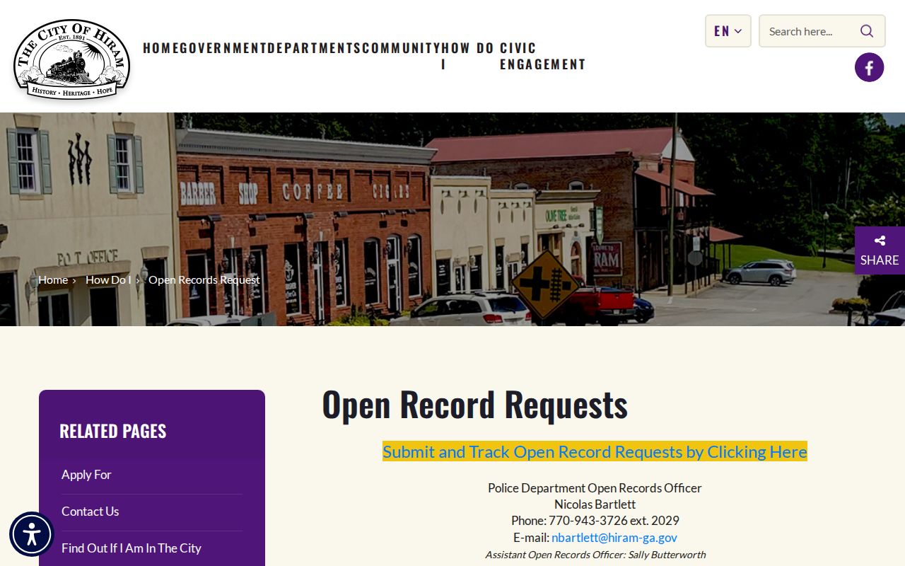 Hiram criminal records custodian and open records request page