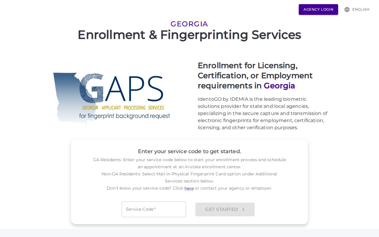 Georgia GAPS IdentoGO fingerprint registration page